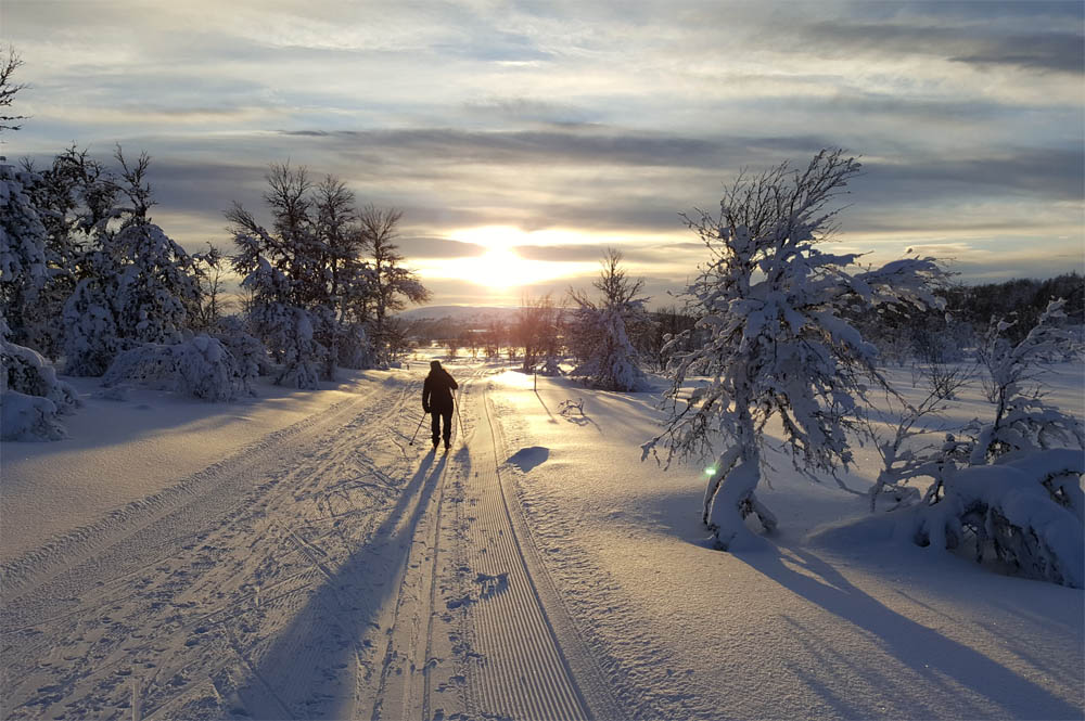 En person går på ski i en skilype med lav sol imot